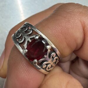 Antique-Inspired Red and Silver Filigree Ring